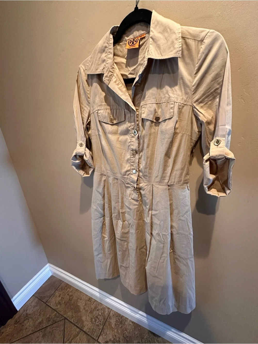 Tory Burch Blythe Khaki Safari Shirt Dress Tan Utility Size 2 MINT